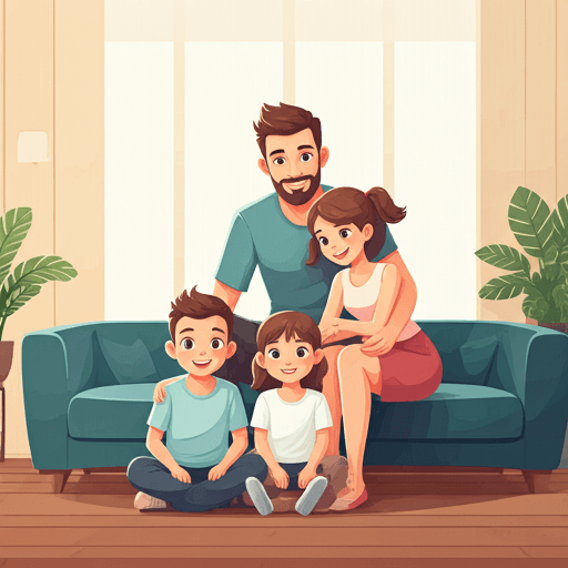 A diverse, happy family at home in a warm sun-lit living room